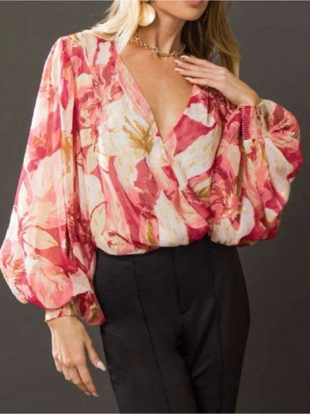 Flying Tomato Floral Wrap Top Blouse Ballon Sleeves | Size: M